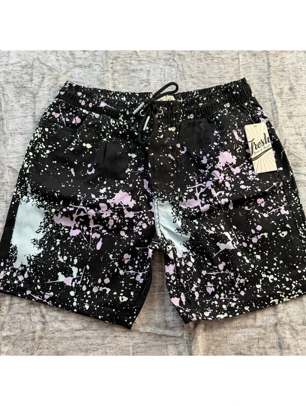 Fresh Prints of Bel-Air Men's Black Multi Paint Splatter Shorts Large Stretch